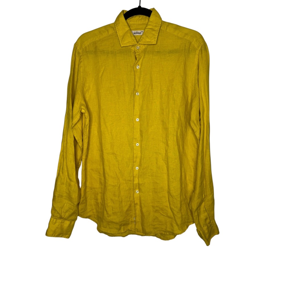 Soloio Madrid Mens 100% Linen Button Down Shirt Mustard Yellow Size M EU Made